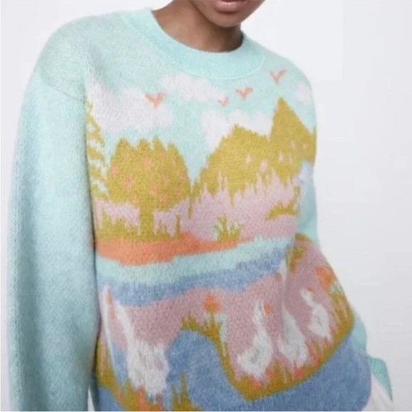 Zara Jacquard Knit Intarsia Countryside Goose Geese Sweater Blogger Favorite - Picture 3 of 15